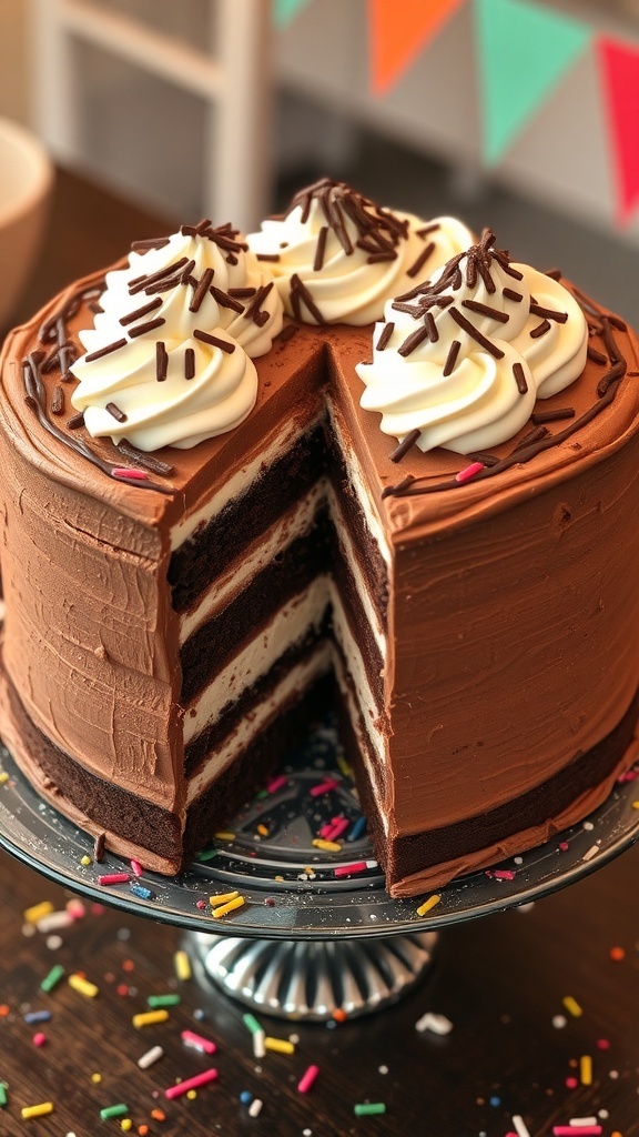 Chocolate ice cream cake with whipped cream and chocolate shavings on a cake stand.